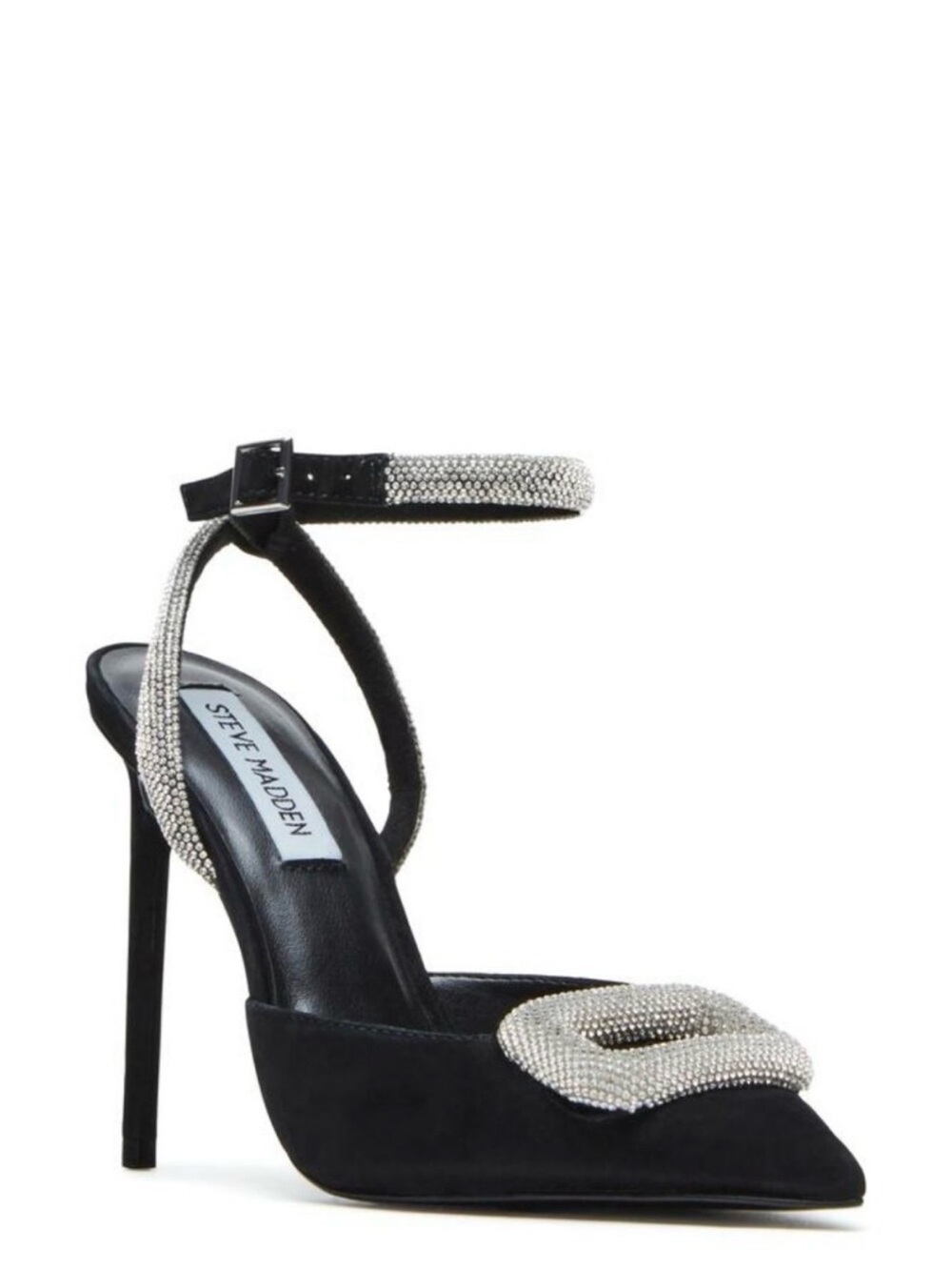 Steve Madden VIENNA Black Suede Pointed-Toe Ankle-Strap Pump w Crystal Accents